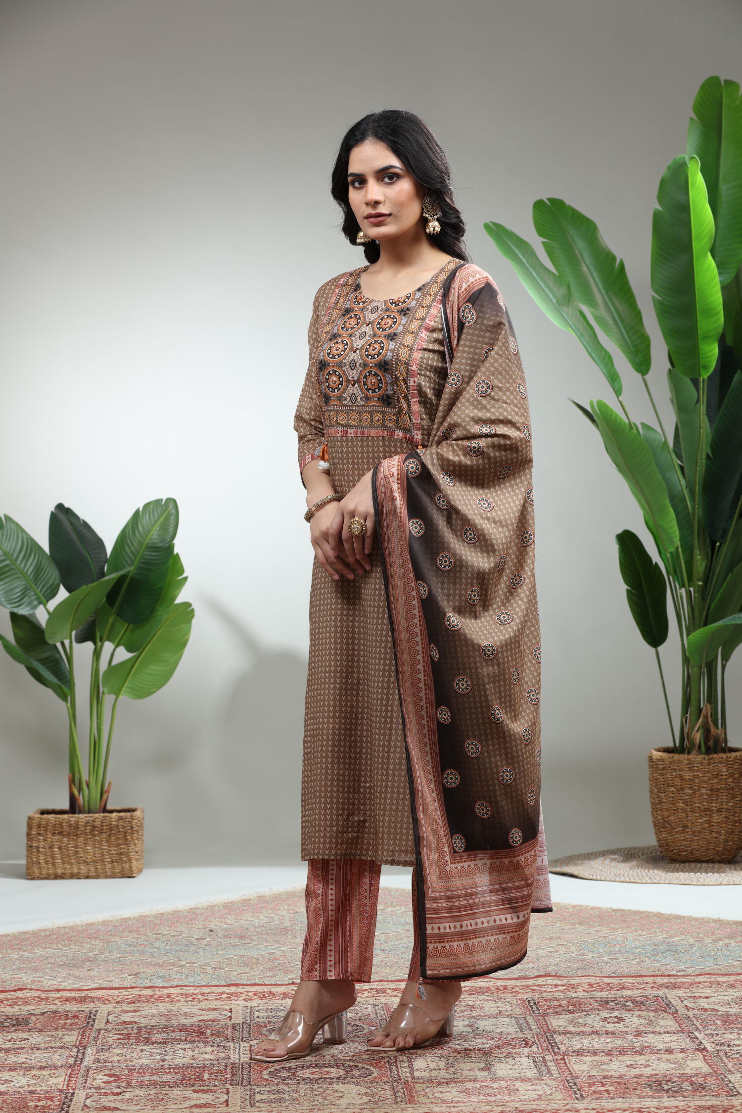 Brown 3 Piece Suit Set With Dupatta